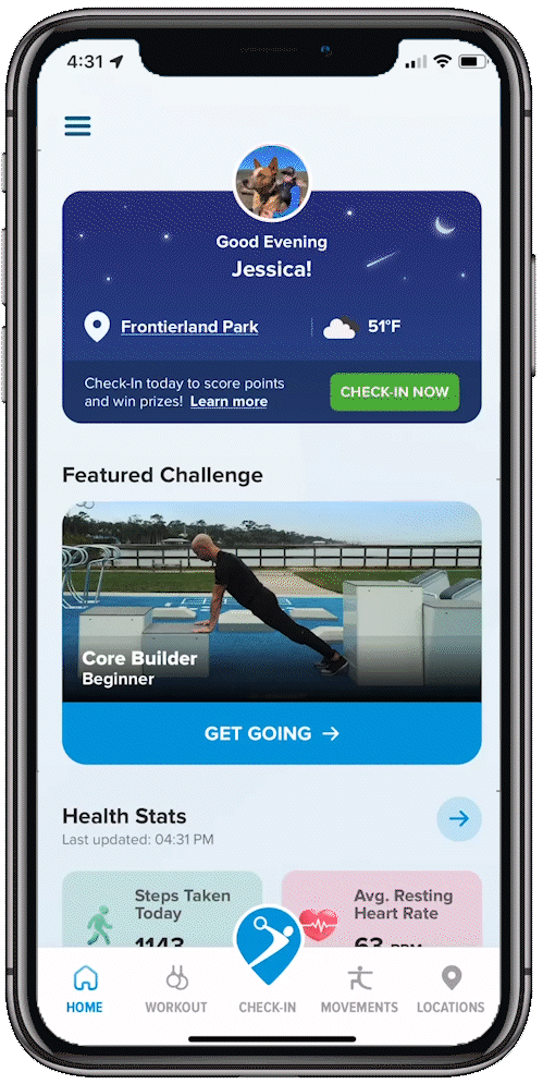 App view of home screen on Fitness Court App