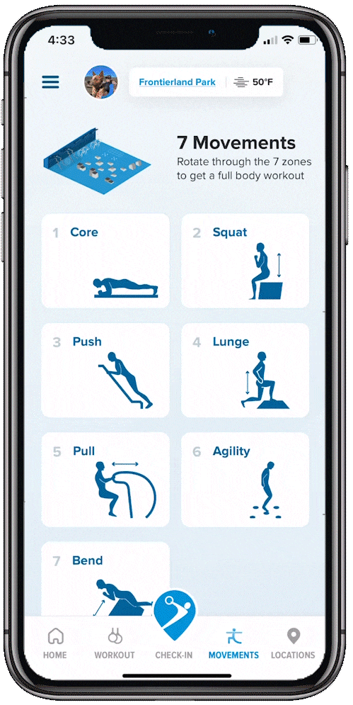 App view of 7 movement screen on Fitness Court App