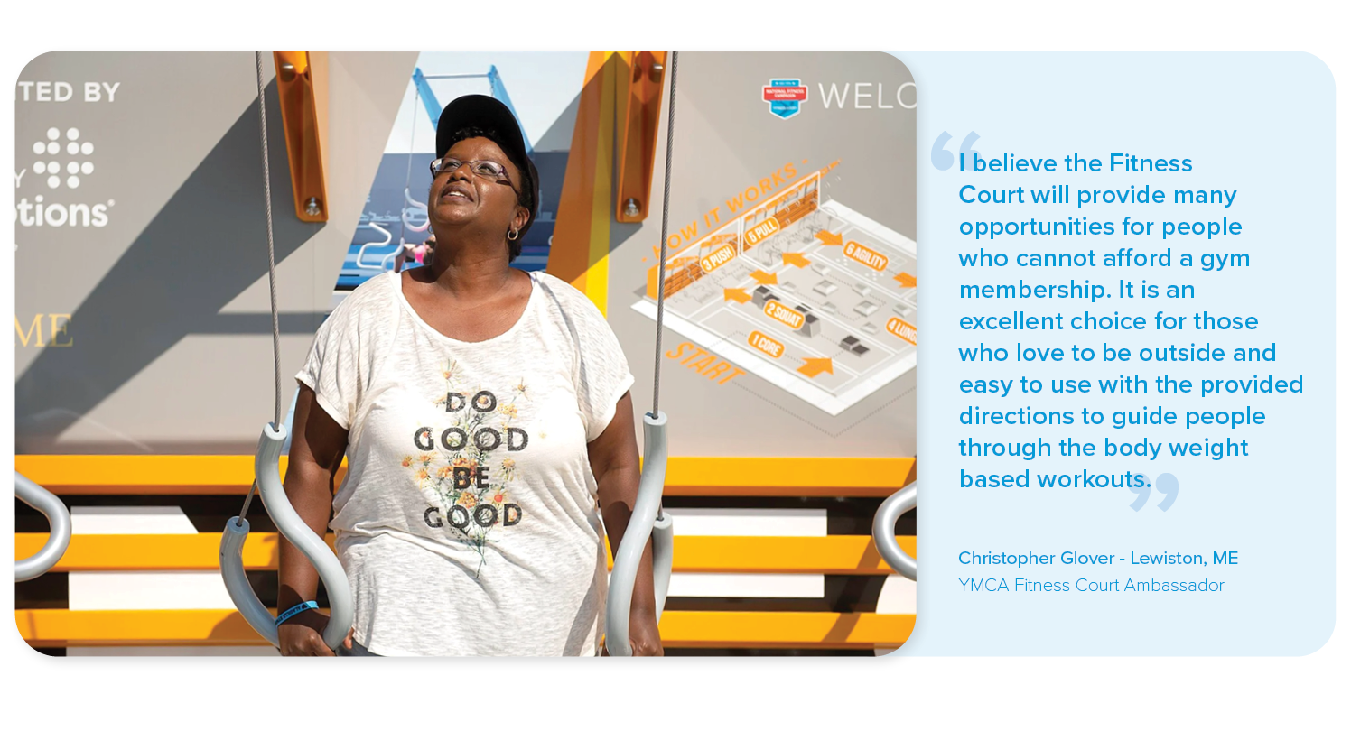 Woman on the Fitness Court looking up. A quote from a Fitness Court ambassador highlighting how the Fitness Court will positively impact their community.