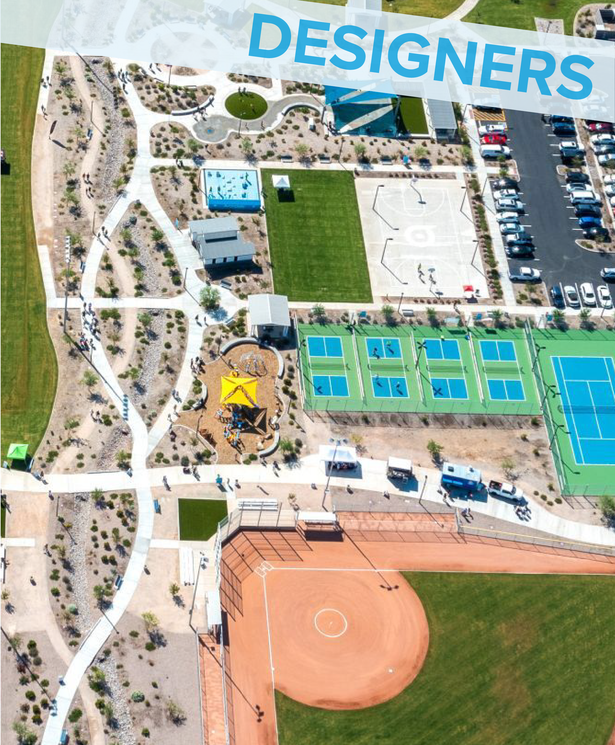 An aerial of a park with a Fitness Court. The word designers across the top corner.